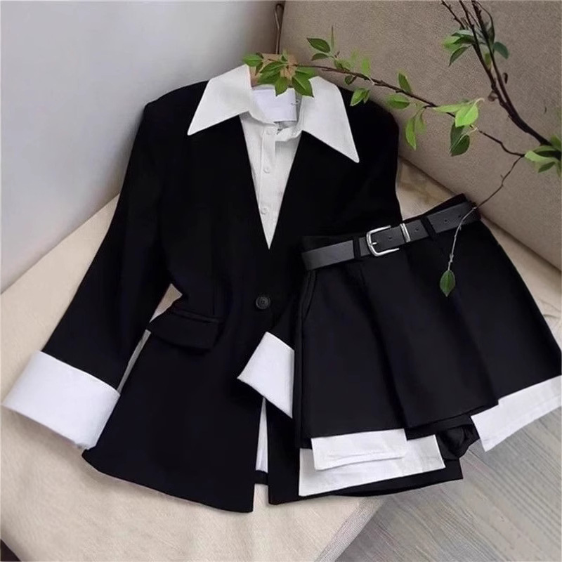 Double Breasted Blazer - Vrouwen tweedelige roksets patchwork blazer knopen