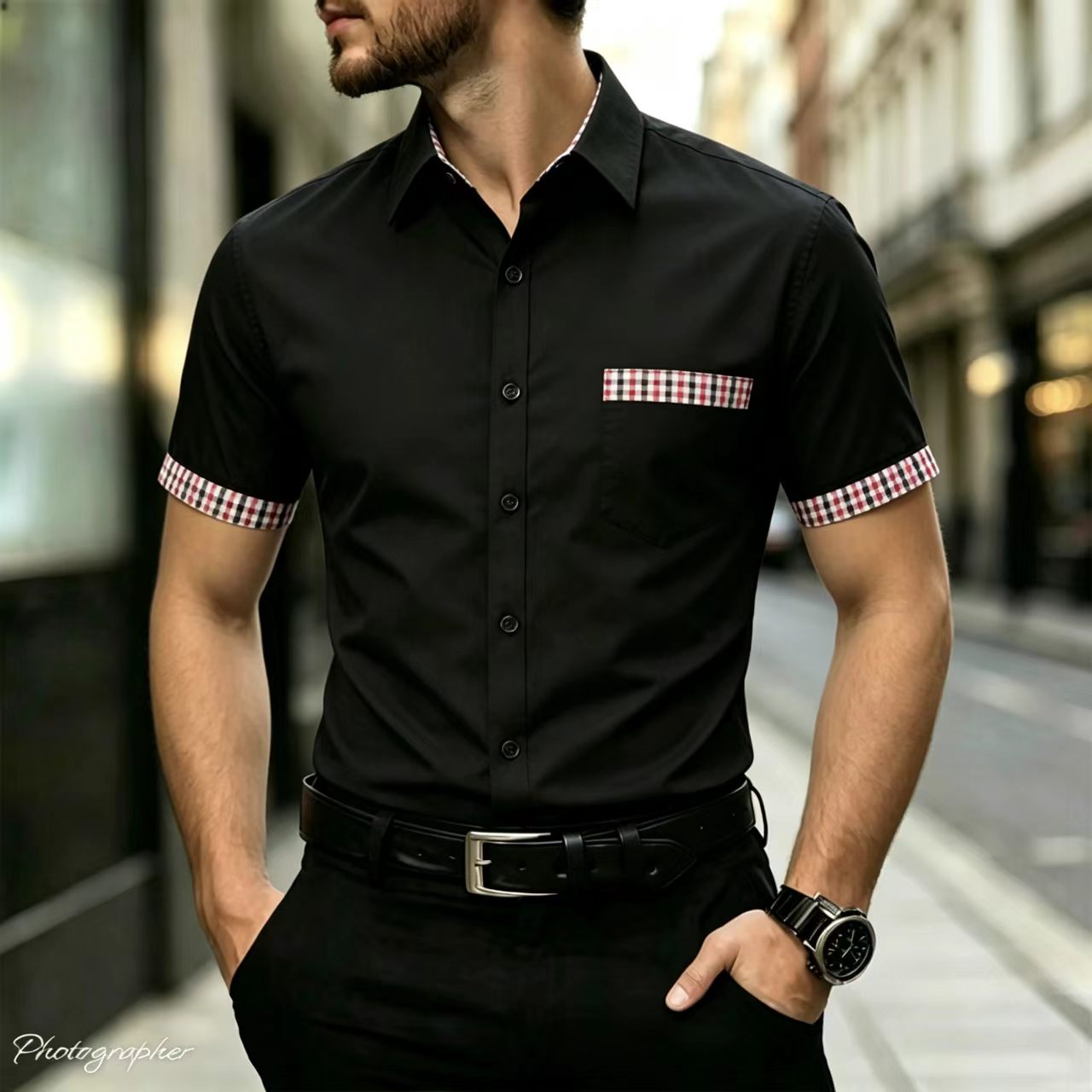Men Formal Office Wear Shirts - Herenshirt met korte mouwen, geruite kraag,
