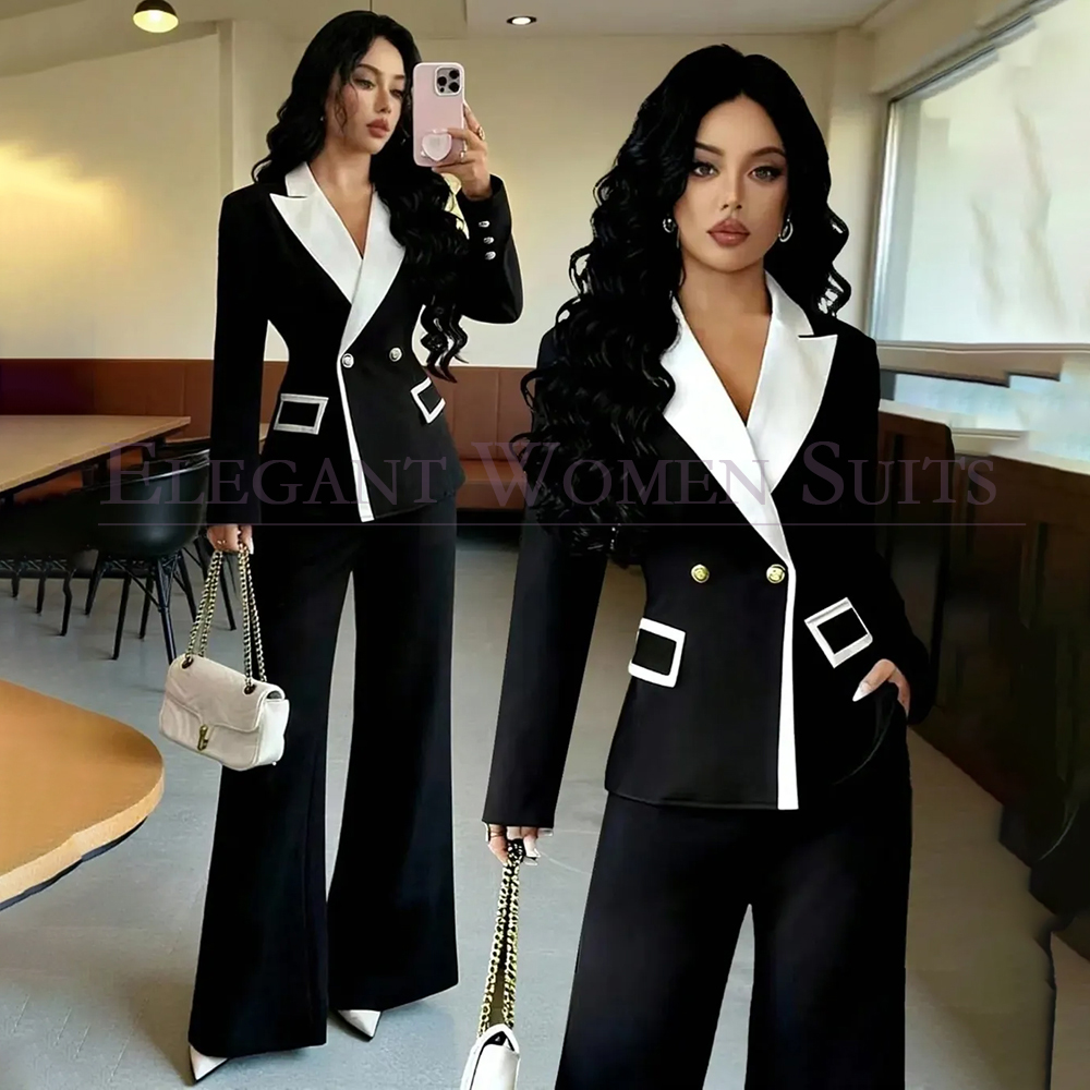Double Breasted Blazer - Luxe zwarte damespakken 2-delige jas-broek sets