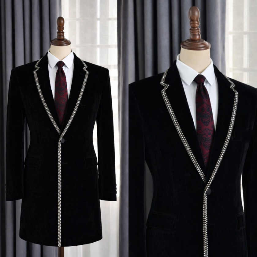 Men'S Formal Evening Wear - Stijlvolle strass revers heren lange blazer