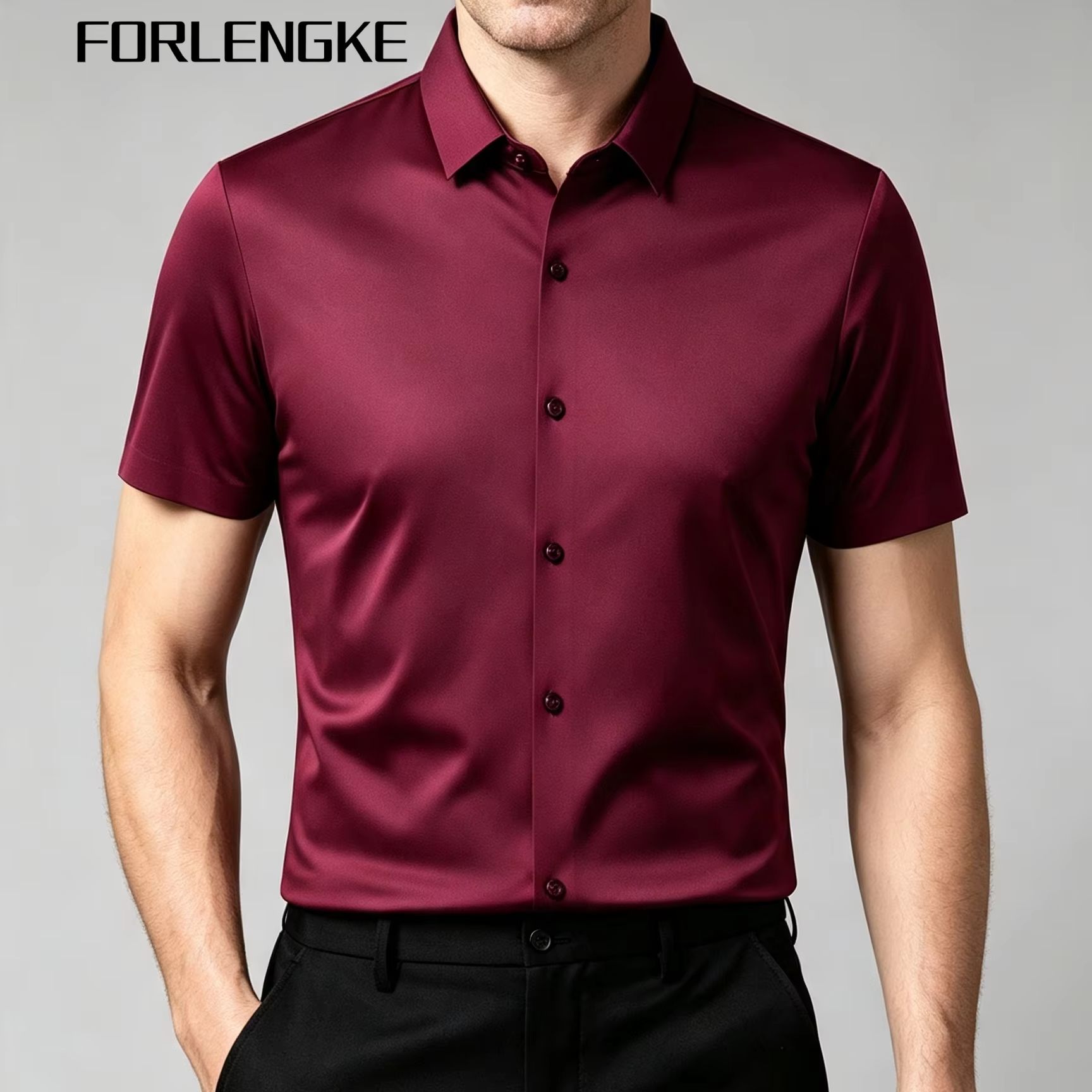 Men Formal Office Wear Shirts - FORLENGKE Heren zakelijk effen overhemd met